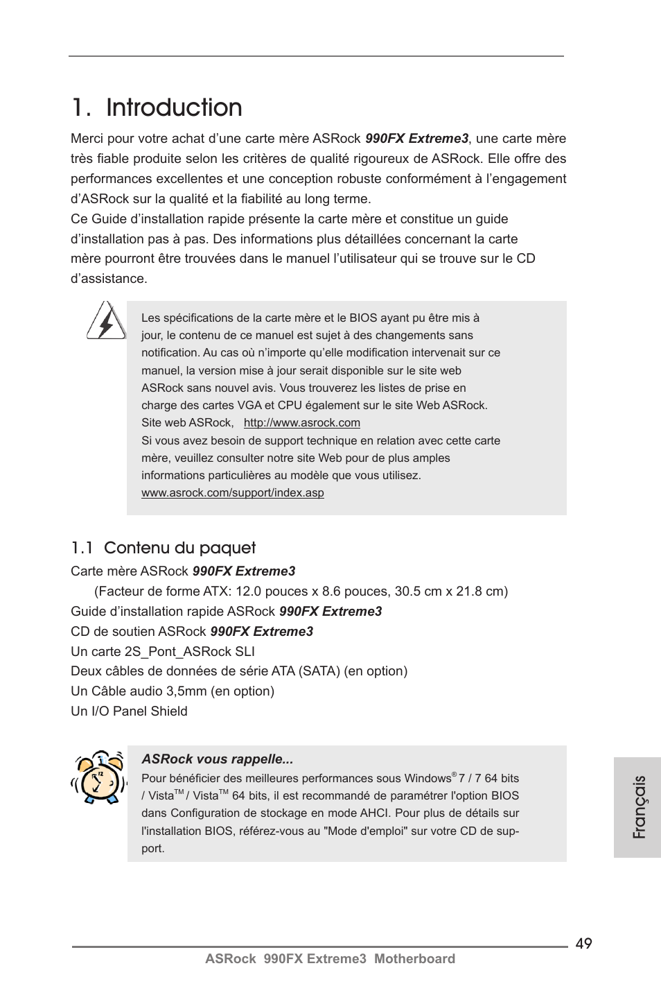 French, Introduction, Français | 1 contenu du paquet | ASRock 990FX Extreme3 User Manual | Page 49 / 182