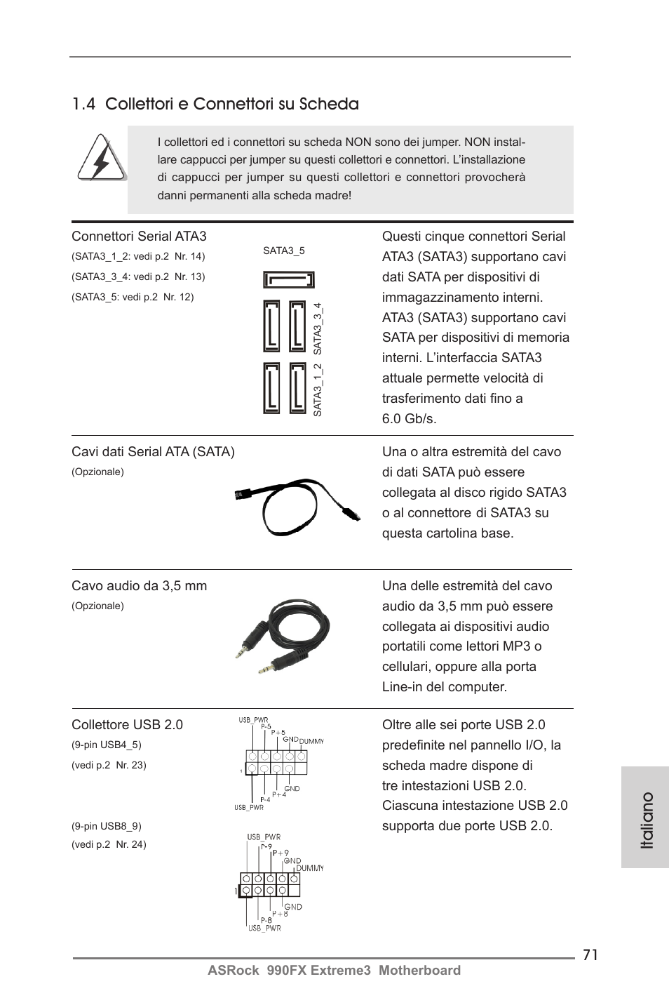 4 collettori e connettori su scheda, Italiano | ASRock 990FX Extreme3 User Manual | Page 71 / 182