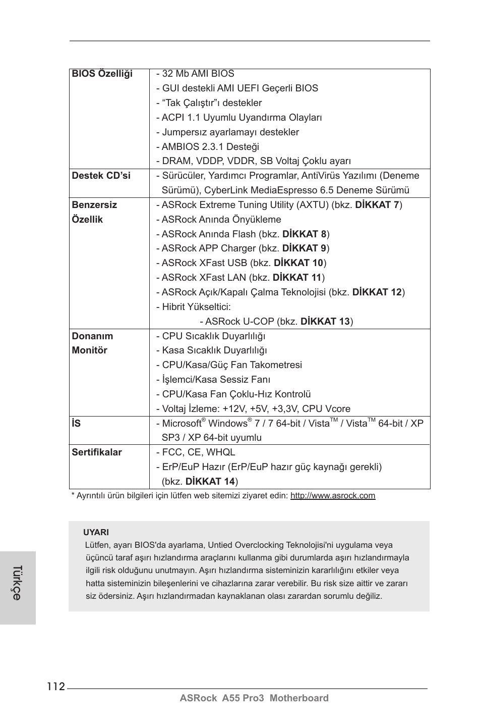Türkçe | ASRock A55 Pro3 User Manual | Page 112 / 190