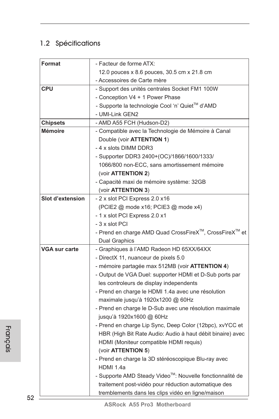 Français 1.2 spécifications | ASRock A55 Pro3 User Manual | Page 52 / 190