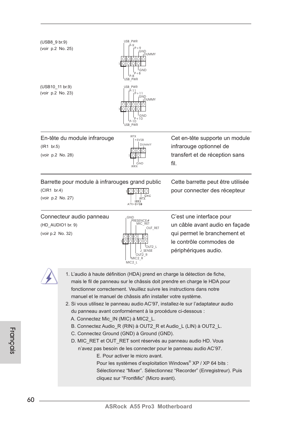 Français, Asrock a55 pro3 motherboard, Infrarouge optionnel de | Un câble avant audio en façade, Pour connecter des récepteur | ASRock A55 Pro3 User Manual | Page 60 / 190