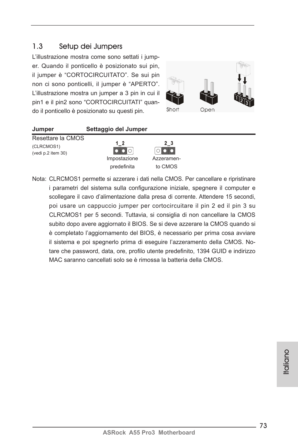 Italiano 1.3 setup dei jumpers | ASRock A55 Pro3 User Manual | Page 73 / 190