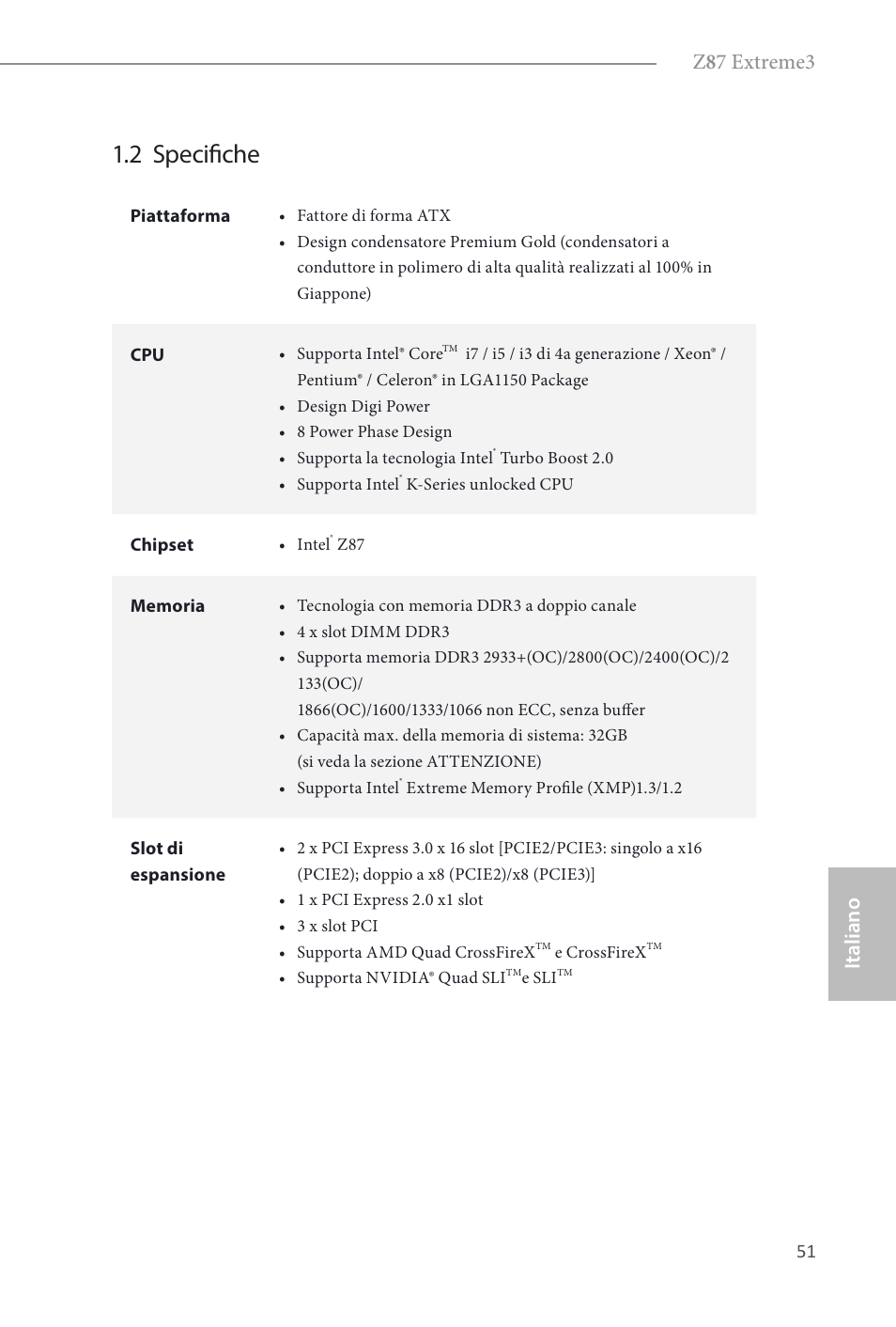 2 specifiche, Z 8 7 extreme3, Italiano | ASRock Z87 Extreme3 User Manual | Page 53 / 164