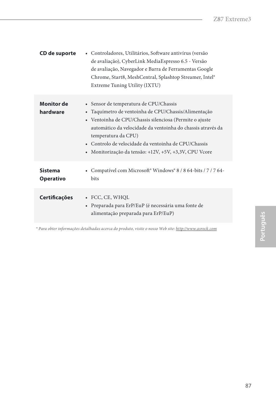Z 8 7 extreme3, Por tuguês | ASRock Z87 Extreme3 User Manual | Page 89 / 164
