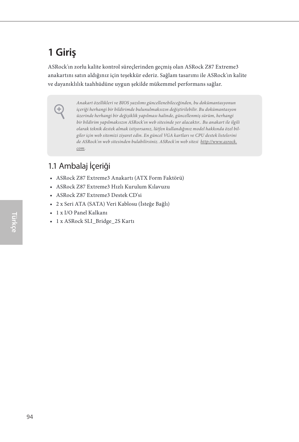 1 giriş, 1 ambalaj içeriği | ASRock Z87 Extreme3 User Manual | Page 96 / 164