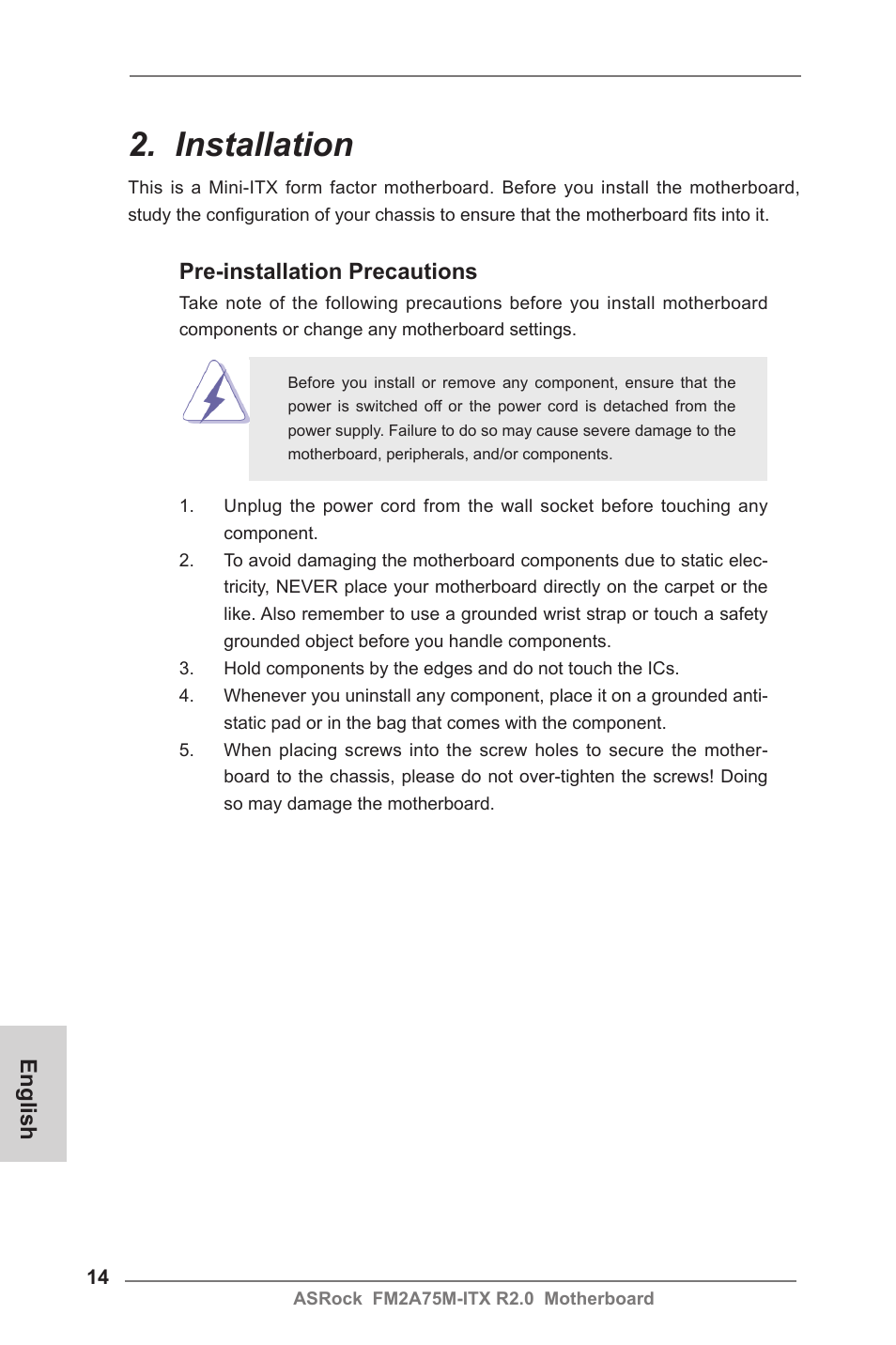 Installation, English, Pre-installation precautions | ASRock FM2A75M-ITX R2.0 User Manual | Page 14 / 146
