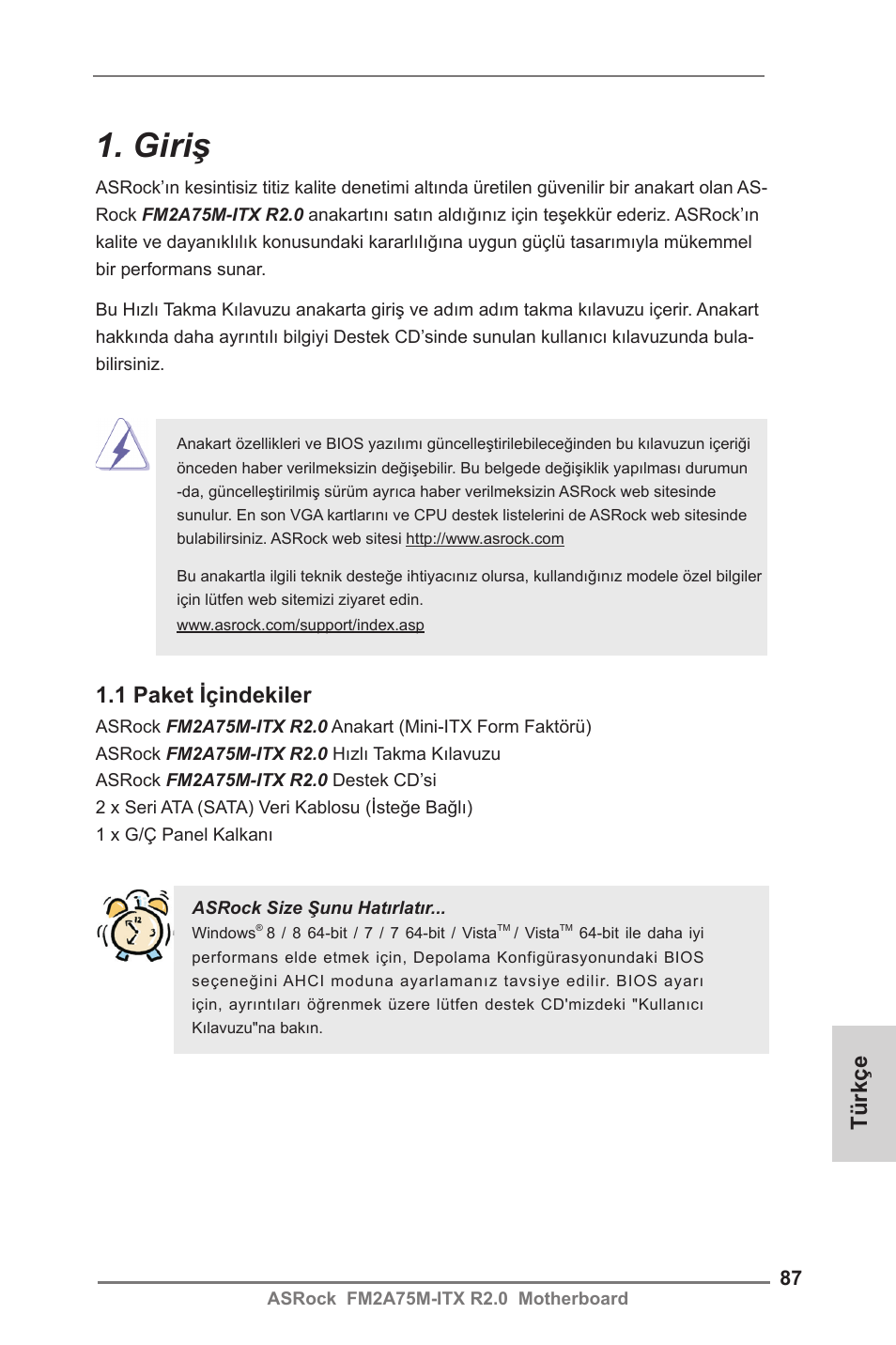 Turkish, Giriş, 1 paket içindekiler | Türkçe | ASRock FM2A75M-ITX R2.0 User Manual | Page 87 / 146