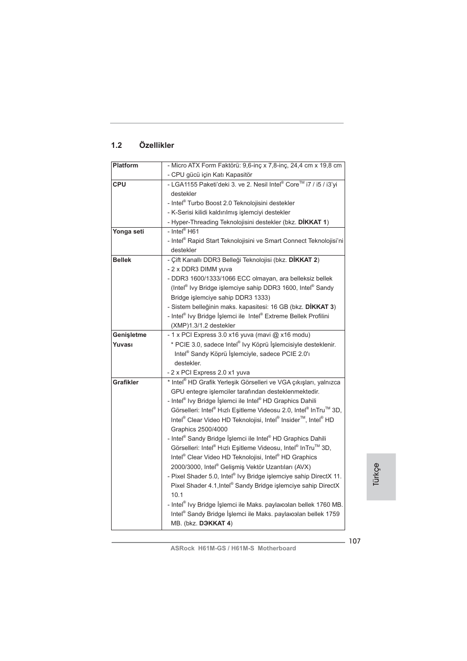 Türkçe 1.2 özellikler | ASRock H61M-S User Manual | Page 107 / 162