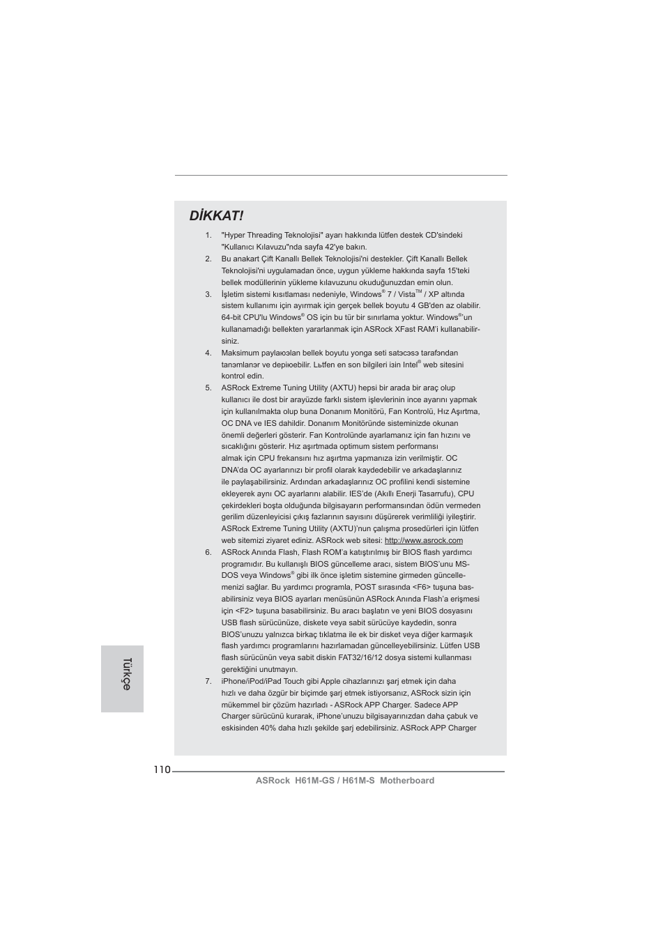 Dikkat, Türkçe | ASRock H61M-S User Manual | Page 110 / 162