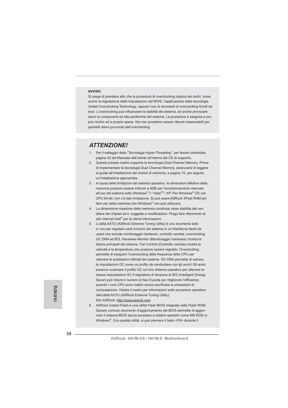 Attenzione, Italiano | ASRock H61M-S User Manual | Page 58 / 162