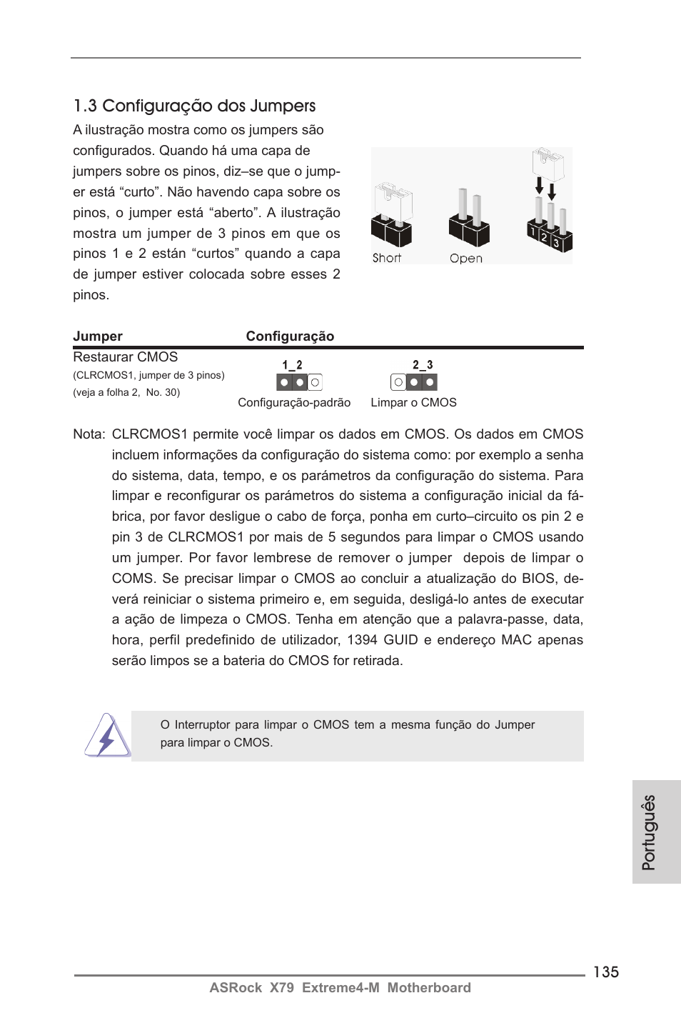 3 configuração dos jumpers, Por tuguês | ASRock X79 Extreme4-M User Manual | Page 135 / 229