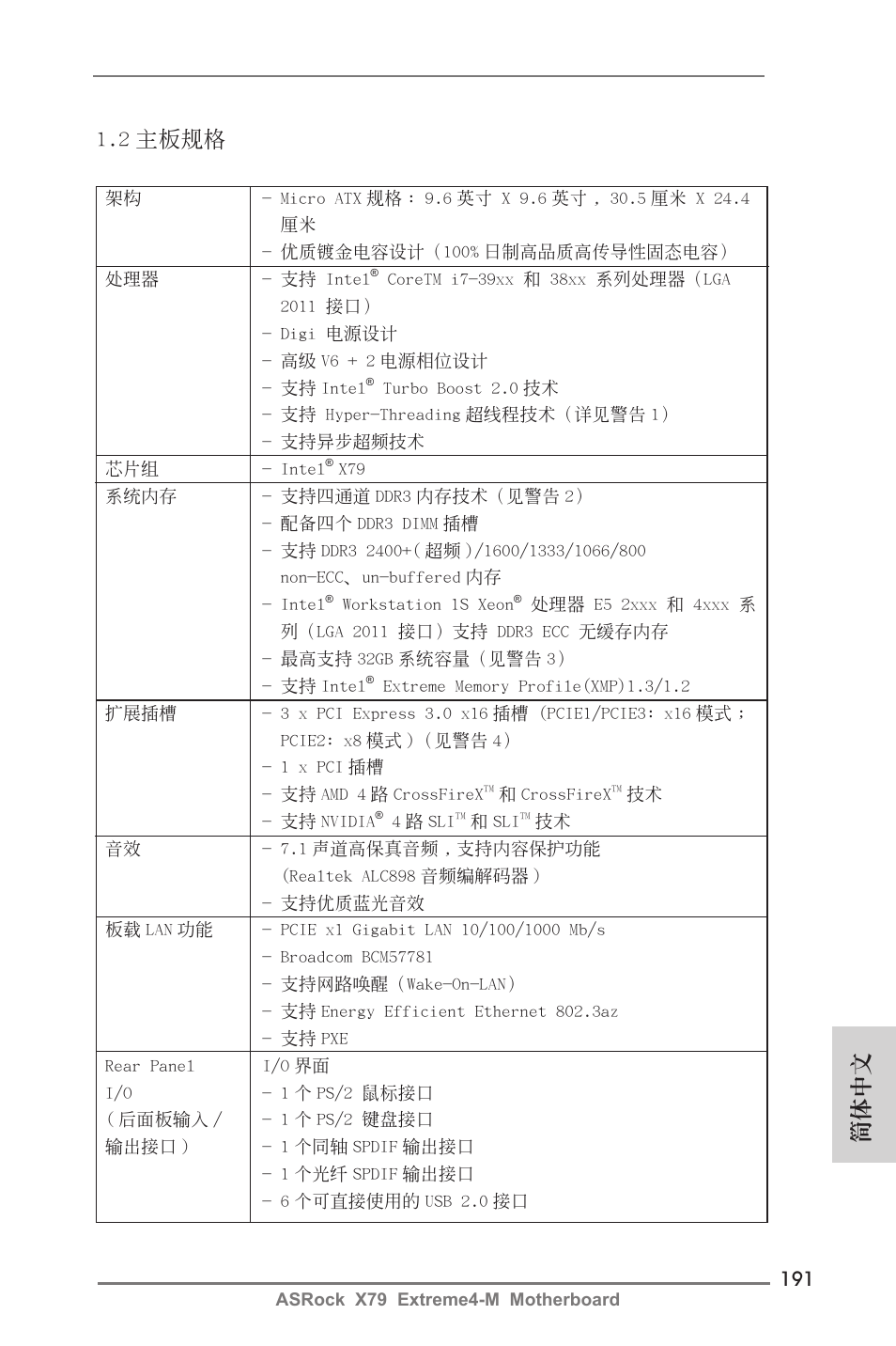 簡體中文 1.2 主板規格 | ASRock X79 Extreme4-M User Manual | Page 191 / 229