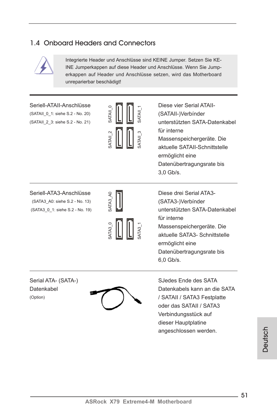 Deutsch, 4 onboard headers and connectors | ASRock X79 Extreme4-M User Manual | Page 51 / 229