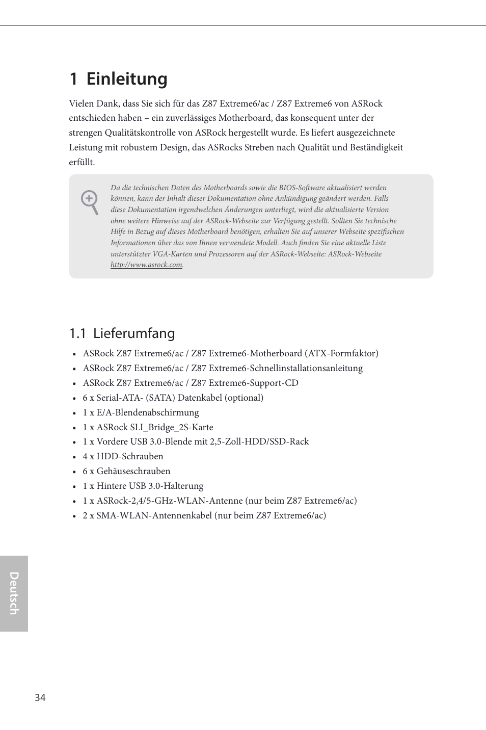 German, 1 einleitung, 1 lieferumfang | ASRock Z87 Extreme6 User Manual | Page 36 / 196
