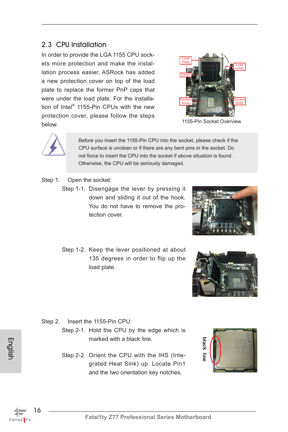 English, 3 cpu installation | ASRock Fatal1ty Z77 Professional User Manual | Page 16 / 243