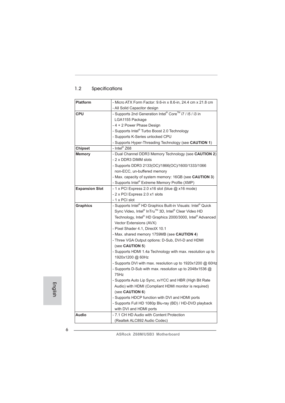 English 1.2 specifications | ASRock Z68M__USB3 User Manual | Page 6 / 177