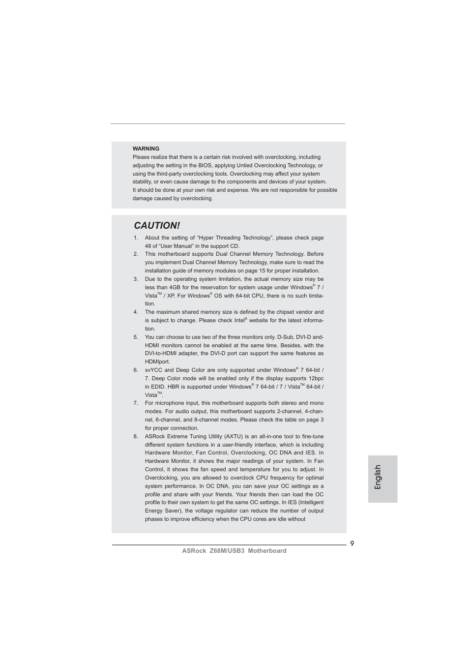 Caution, English | ASRock Z68M__USB3 User Manual | Page 9 / 177