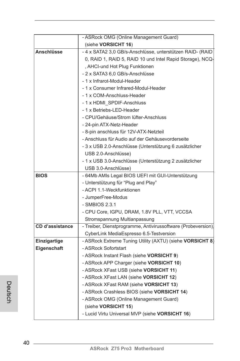 Deutsch | ASRock Z75 Pro3 User Manual | Page 40 / 192