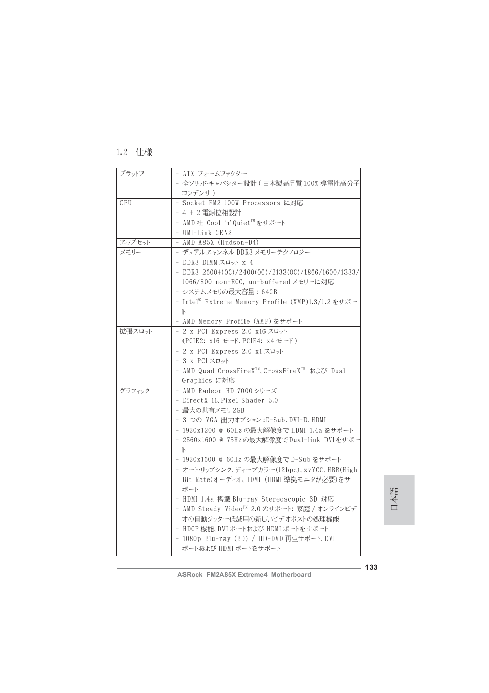 日本語 1.2 仕様 | ASRock FM2A85X Extreme4 User Manual | Page 133 / 179