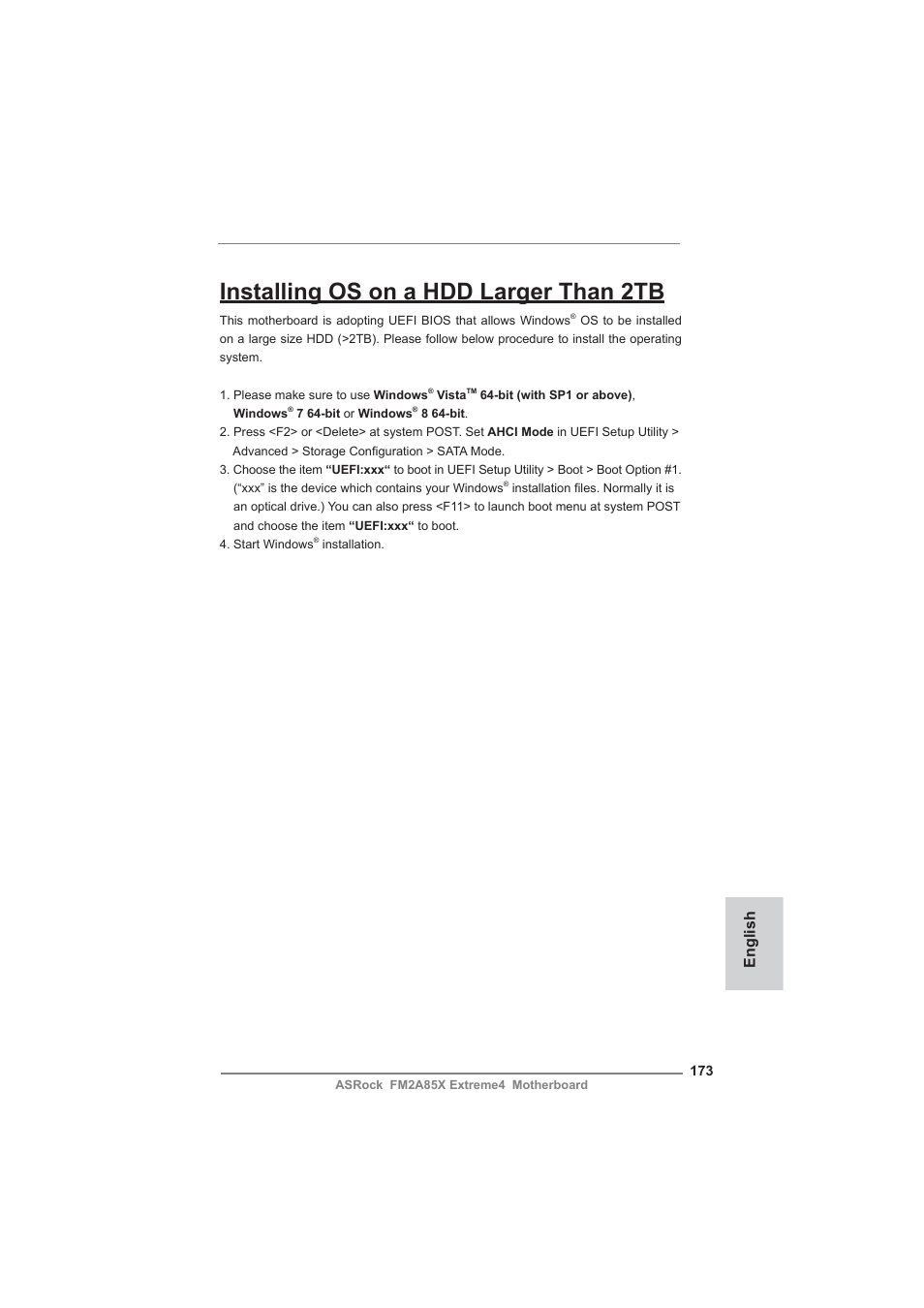 Installing os on a hdd larger than 2tb, English | ASRock FM2A85X Extreme4 User Manual | Page 173 / 179