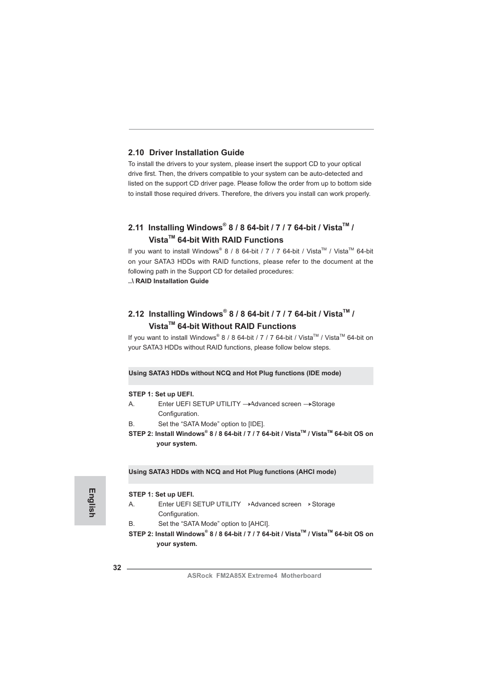 English 2.10 driver installation guide, 12 installing windows, Vista | Bit without raid functions, 11 installing windows, Bit with raid functions | ASRock FM2A85X Extreme4 User Manual | Page 32 / 179