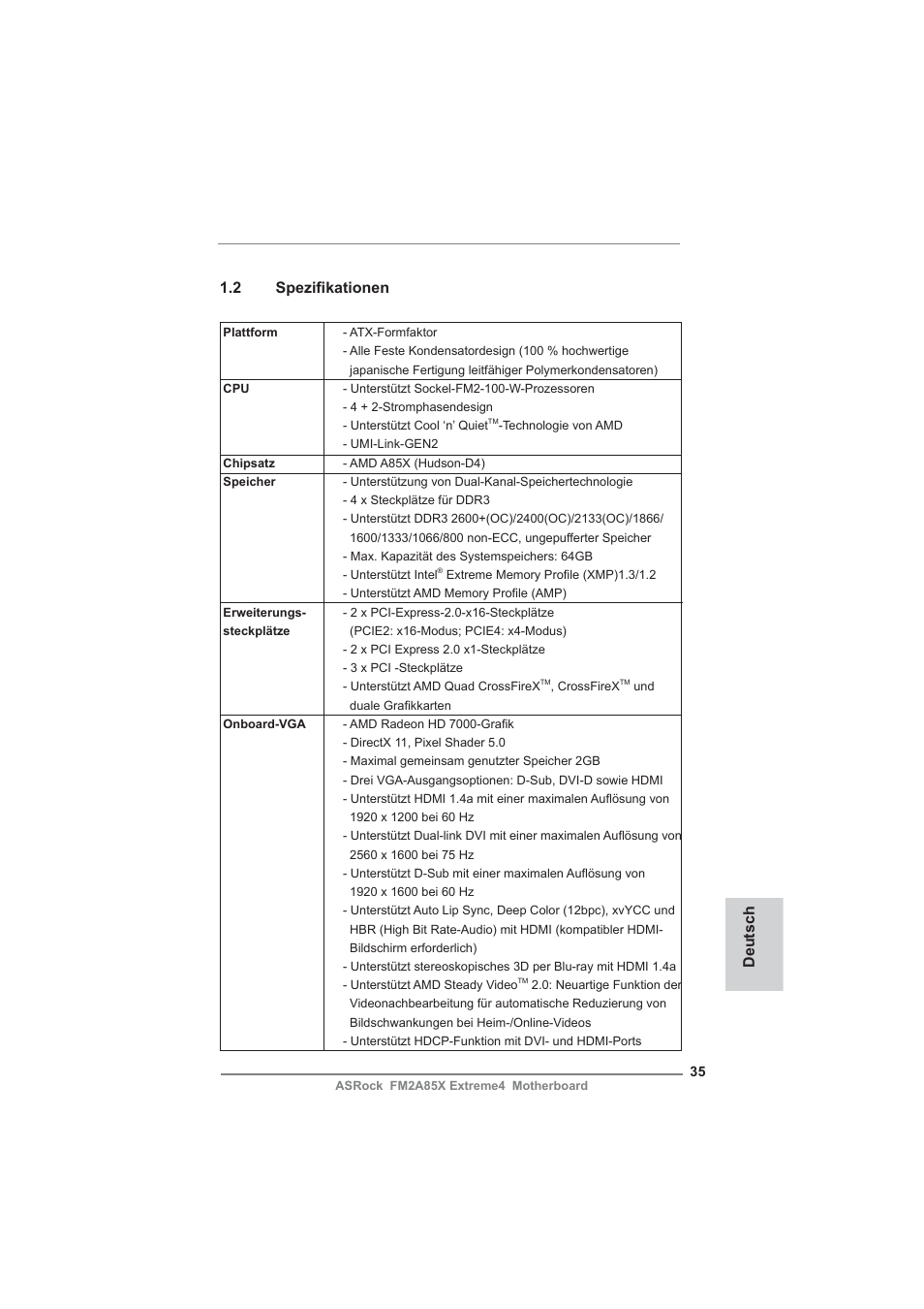 Deutsch 1.2 spezifi kationen | ASRock FM2A85X Extreme4 User Manual | Page 35 / 179