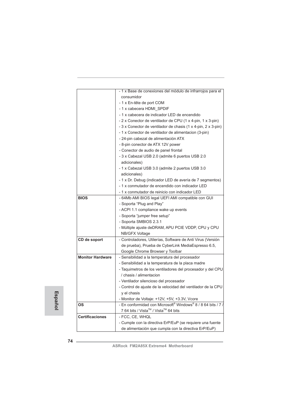 Español | ASRock FM2A85X Extreme4 User Manual | Page 74 / 179