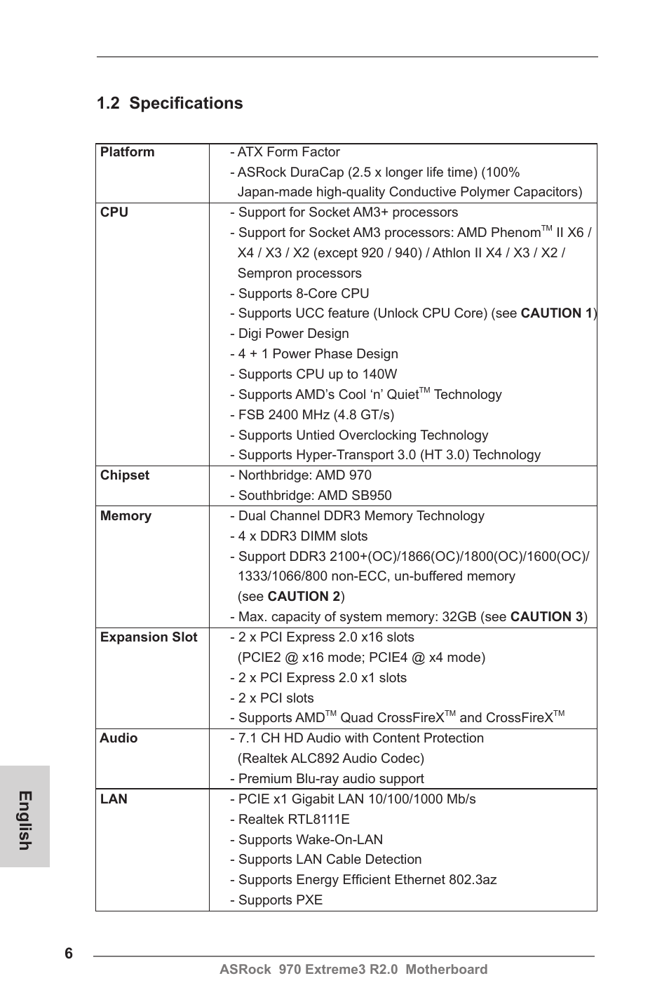 English 1.2 specifications | ASRock 970 Extreme3 R2.0 User Manual | Page 6 / 158