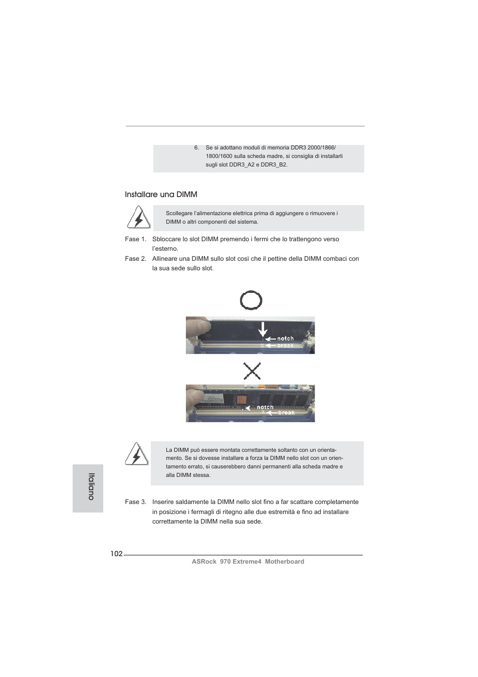 Installare una dimm, Italiano | ASRock 970 Extreme4 User Manual | Page 102 / 283