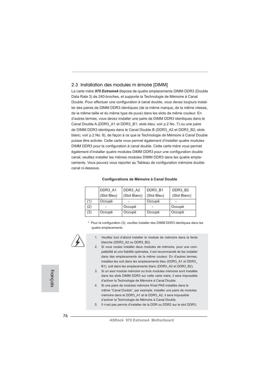 3 installation des modules m émoire [dimm, Français | ASRock 970 Extreme4 User Manual | Page 76 / 283