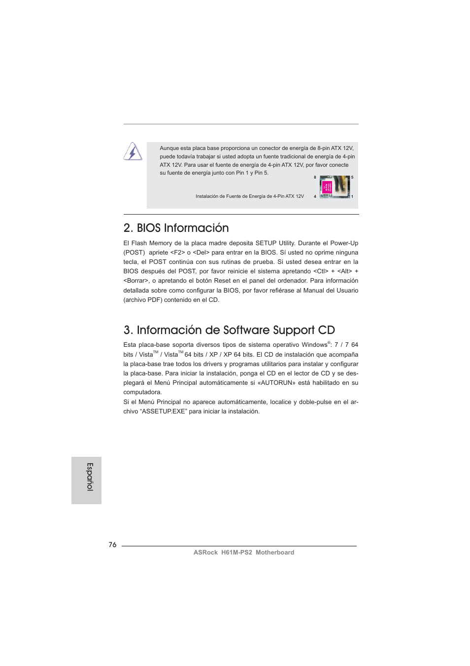Bios información, Información de software support cd, Español | ASRock H61M-PS2 User Manual | Page 76 / 164