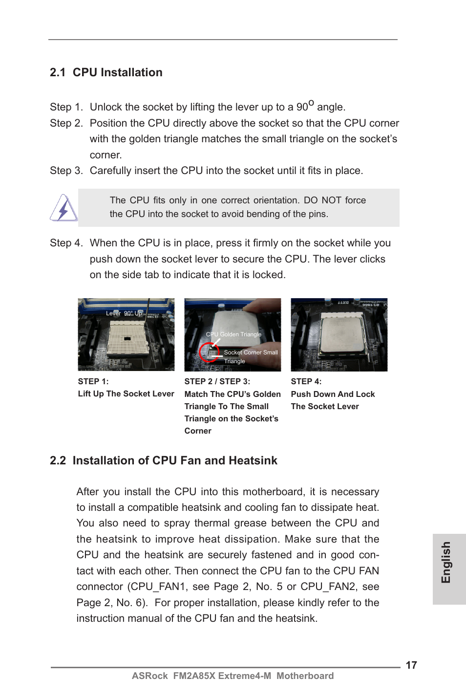 English 2.1 cpu installation, 2 installation of cpu fan and heatsink | ASRock FM2A85X Extreme4-M User Manual | Page 17 / 176