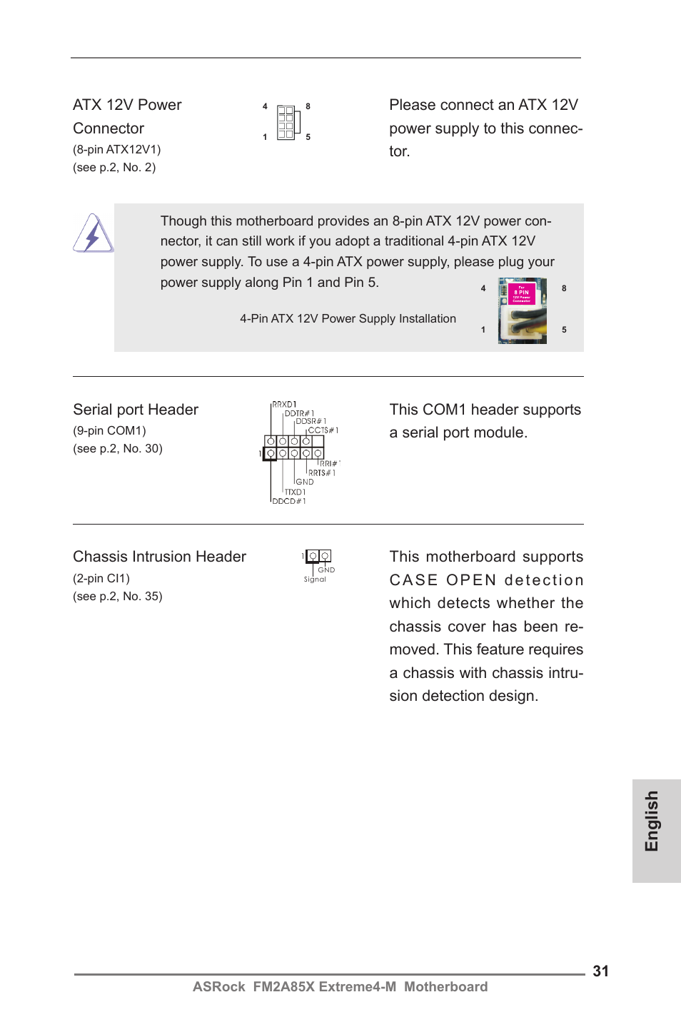 English, Atx 12v power connector, Serial port header | ASRock FM2A85X Extreme4-M User Manual | Page 31 / 176