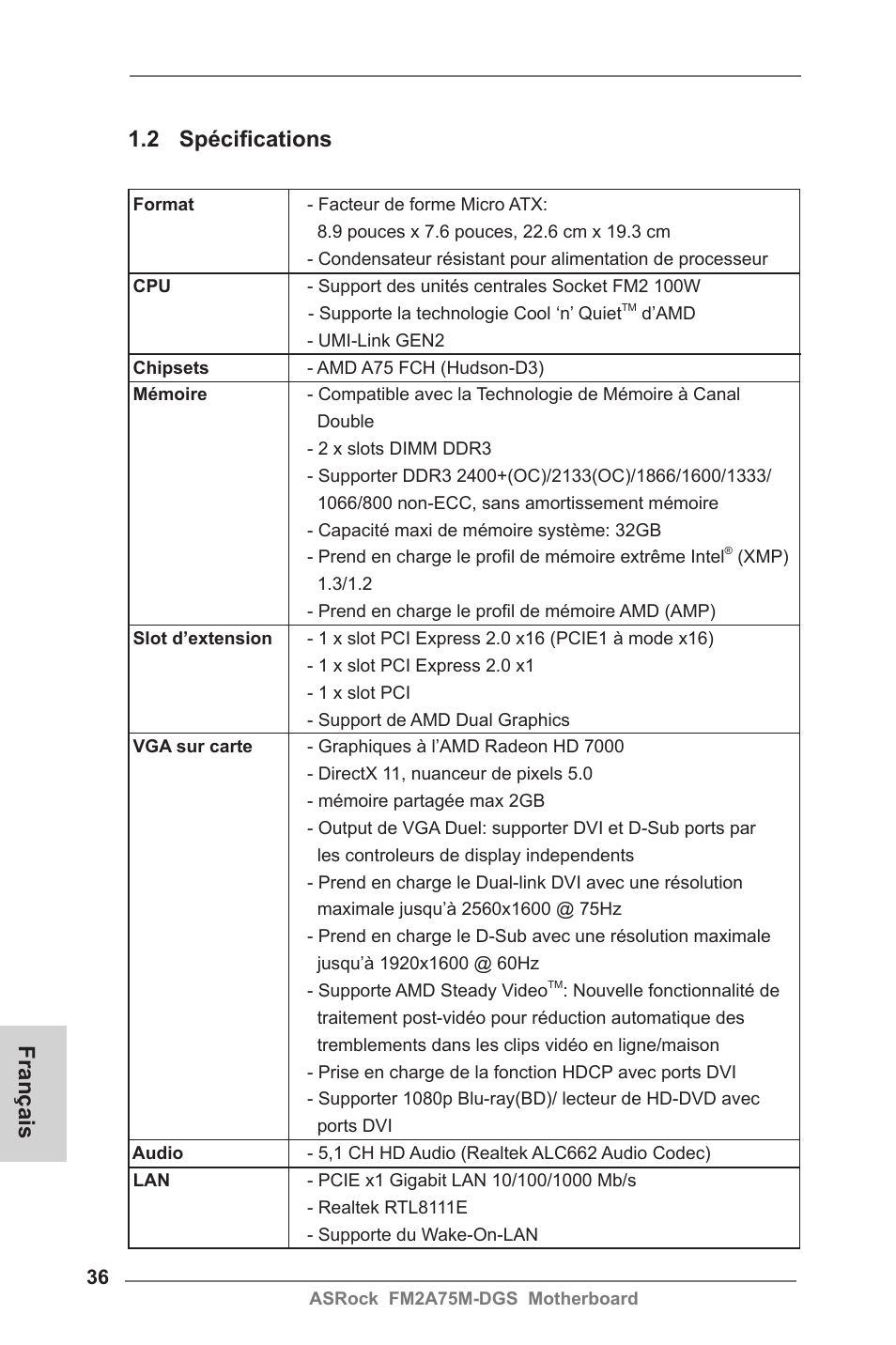 Français 1.2 spécifications | ASRock FM2A75M-DGS User Manual | Page 36 / 138