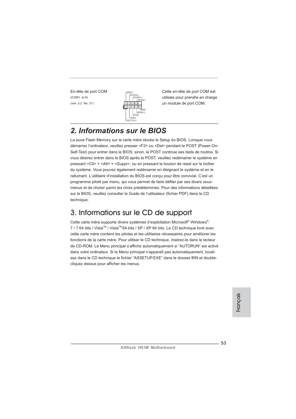 Informations sur le bios, Informations sur le cd de support, Français | ASRock H61M User Manual | Page 53 / 158