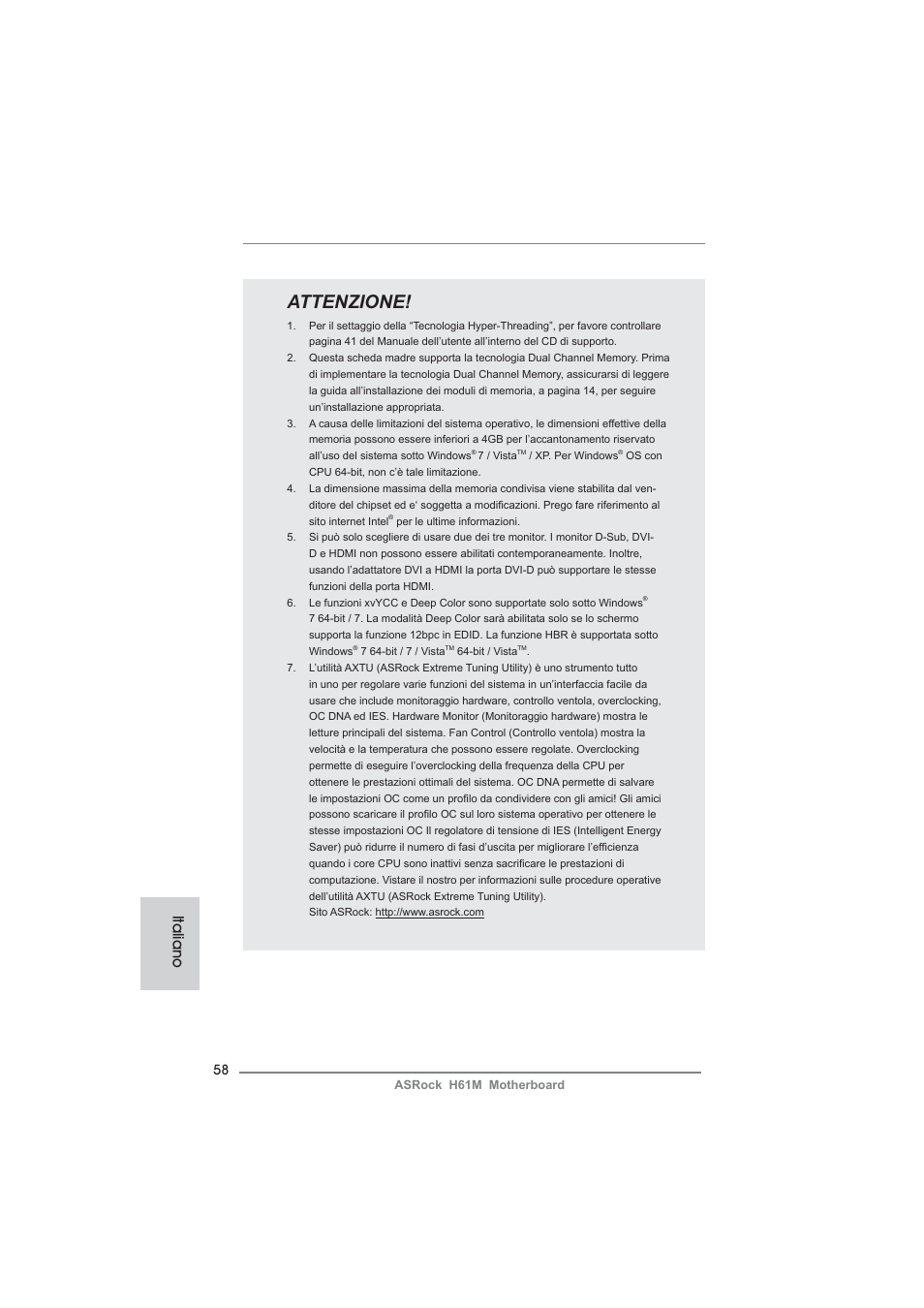 Attenzione, Italiano | ASRock H61M User Manual | Page 58 / 158