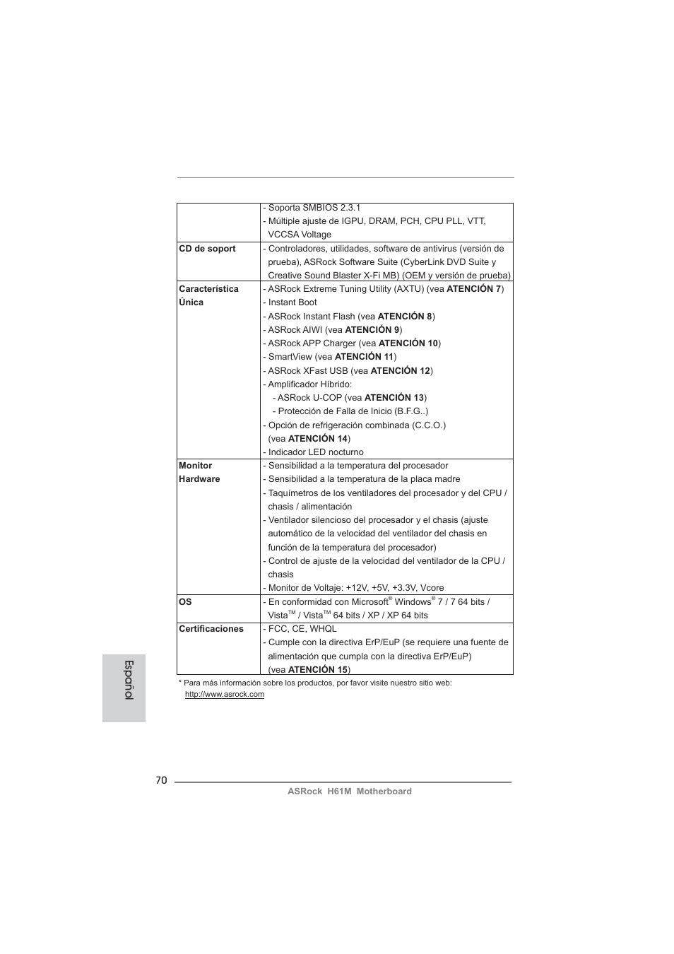 Español | ASRock H61M User Manual | Page 70 / 158