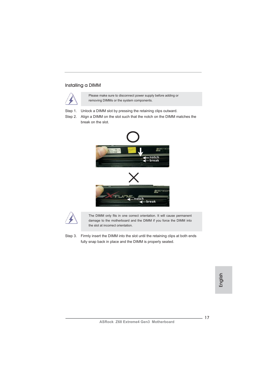 English, Installing a dimm | ASRock Z68 Extreme4 Gen3 User Manual | Page 17 / 322