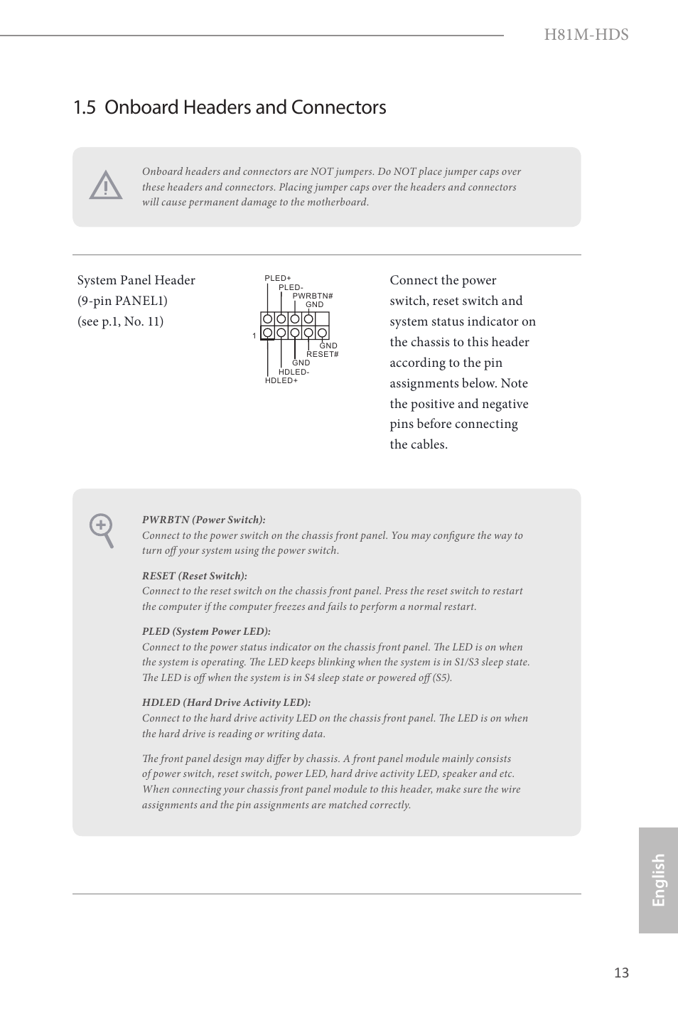 5 onboard headers and connectors, H81m-hds, English | ASRock H81M-HDS User Manual | Page 15 / 57