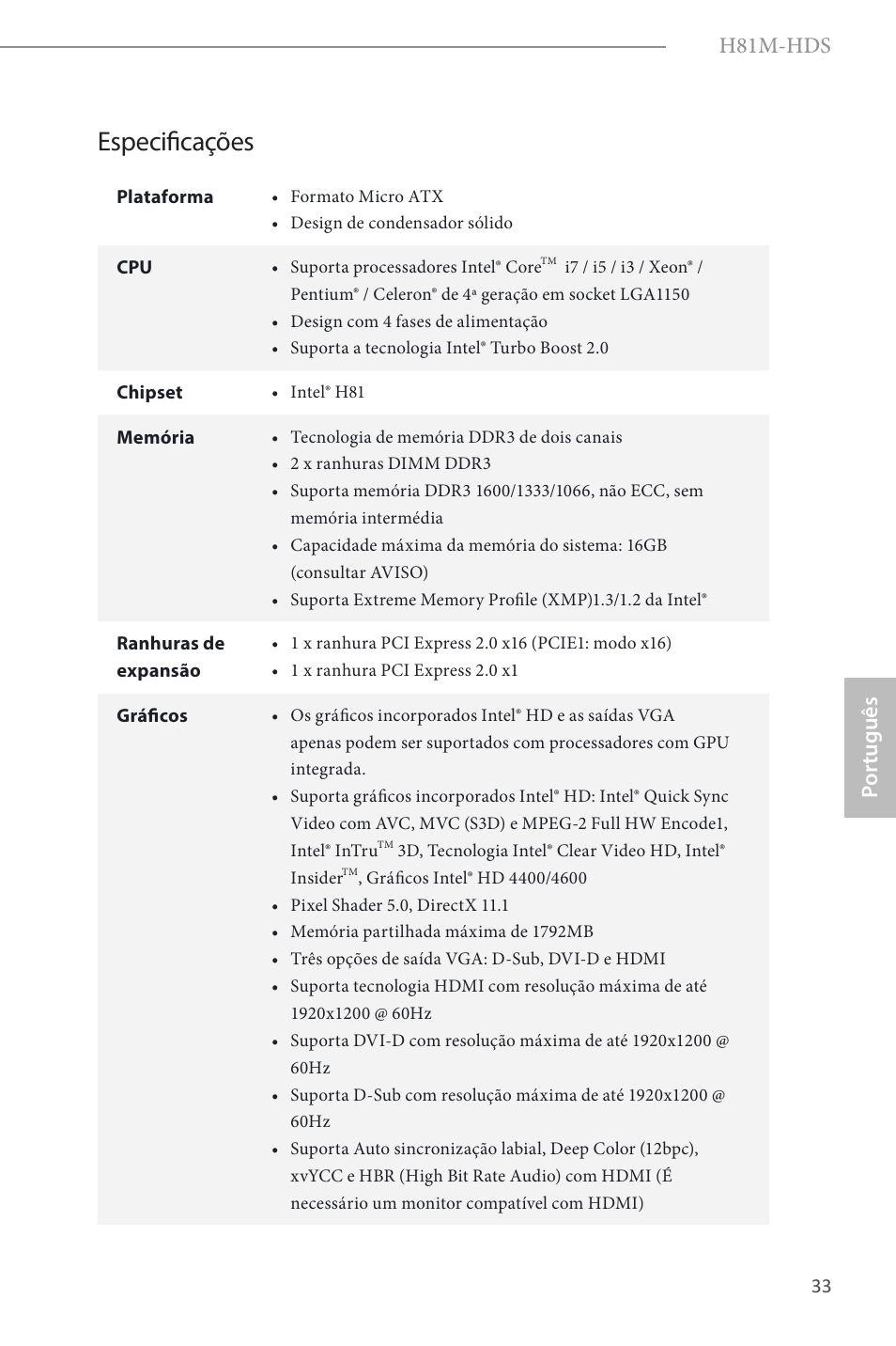 Portuguese, Especificações, H81m-hds | Por tuguês | ASRock H81M-HDS User Manual | Page 35 / 57