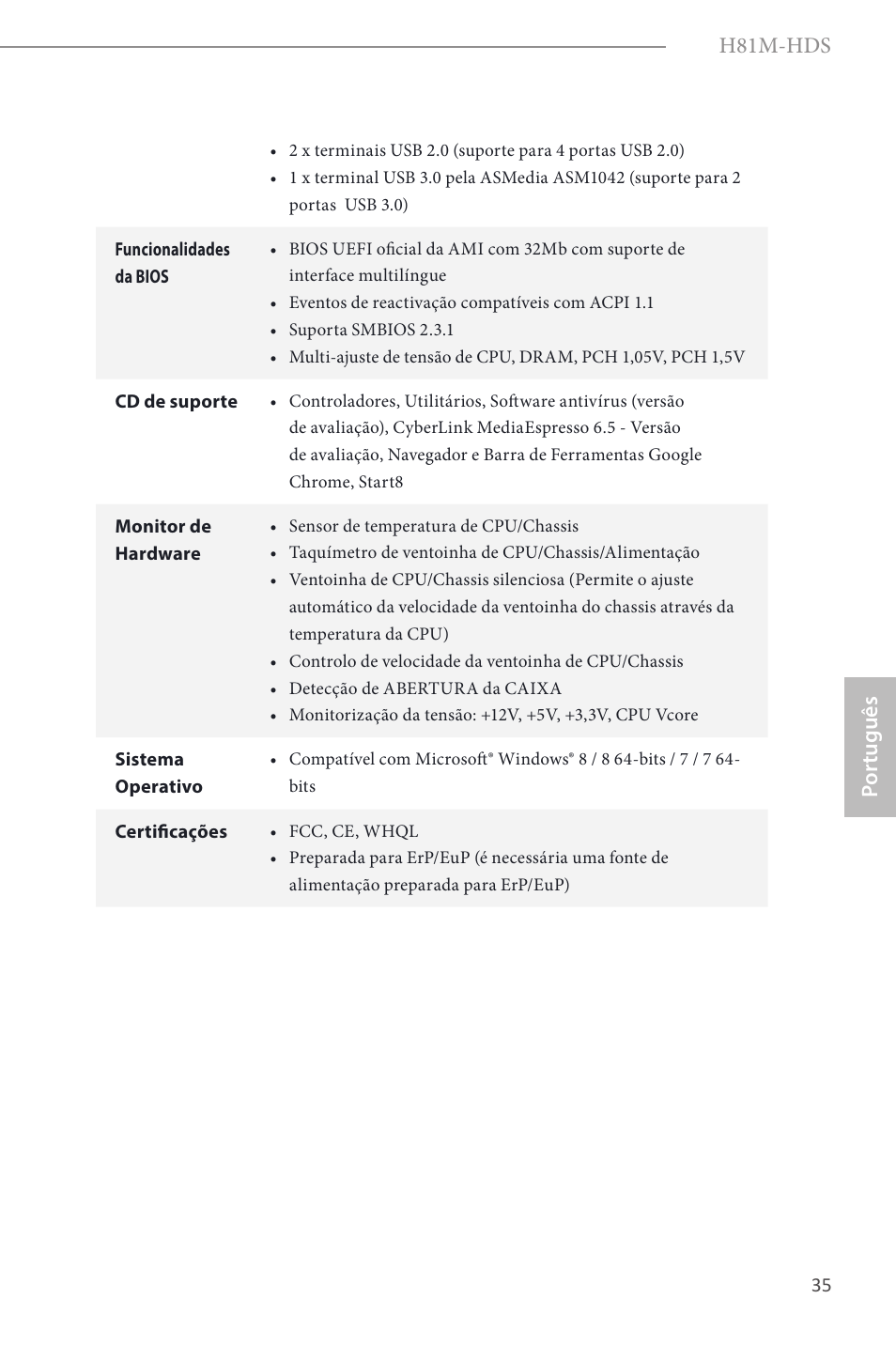 H81m-hds, Por tuguês | ASRock H81M-HDS User Manual | Page 37 / 57