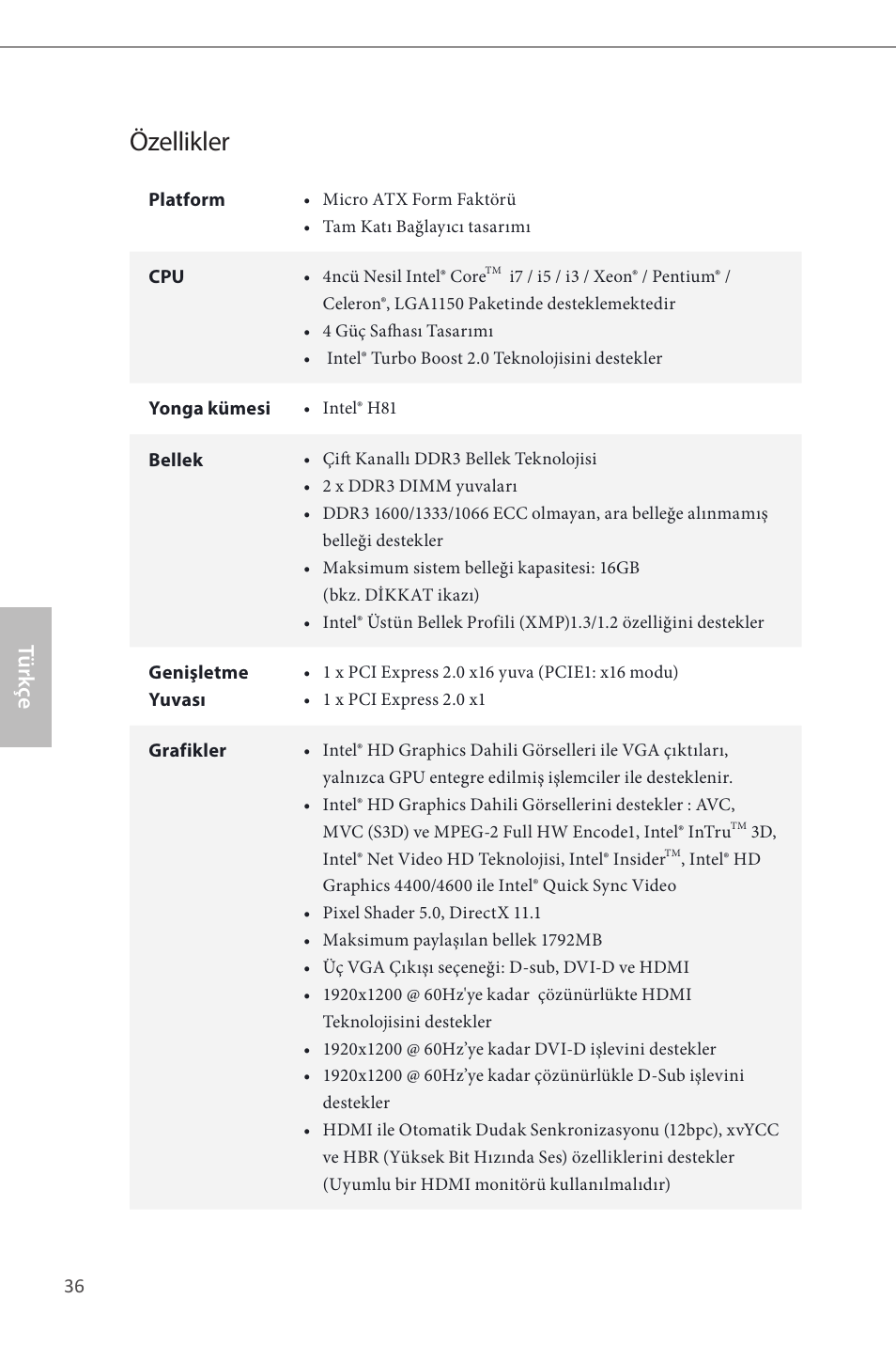 Turkish, Özellikler, Türk çe | ASRock H81M-HDS User Manual | Page 38 / 57