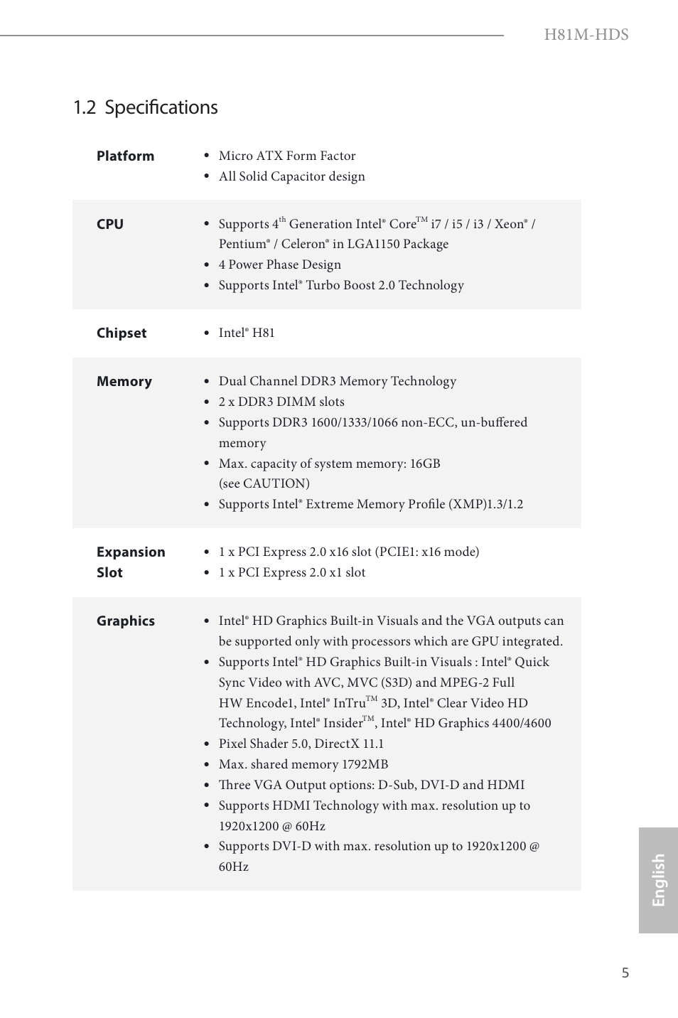 2 specifications, H81m-hds, English | ASRock H81M-HDS User Manual | Page 7 / 57