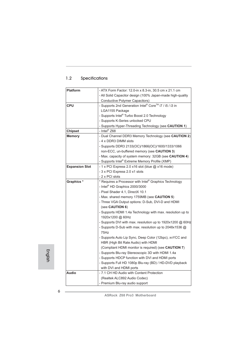 English 1.2 specifications | ASRock Z68 Pro3 User Manual | Page 6 / 256