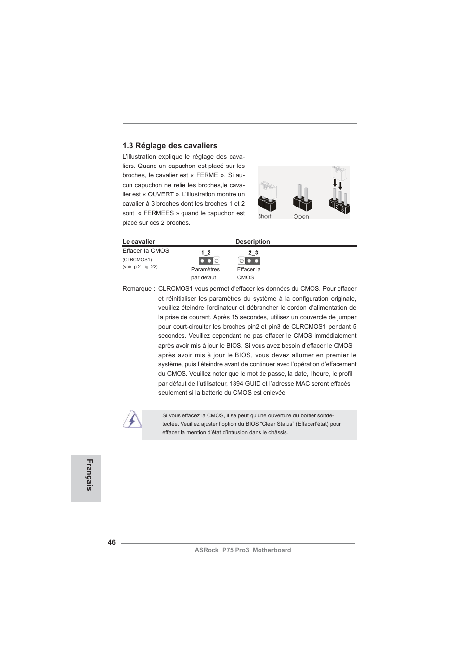 Français 1.3 réglage des cavaliers | ASRock P75 Pro3 User Manual | Page 46 / 151