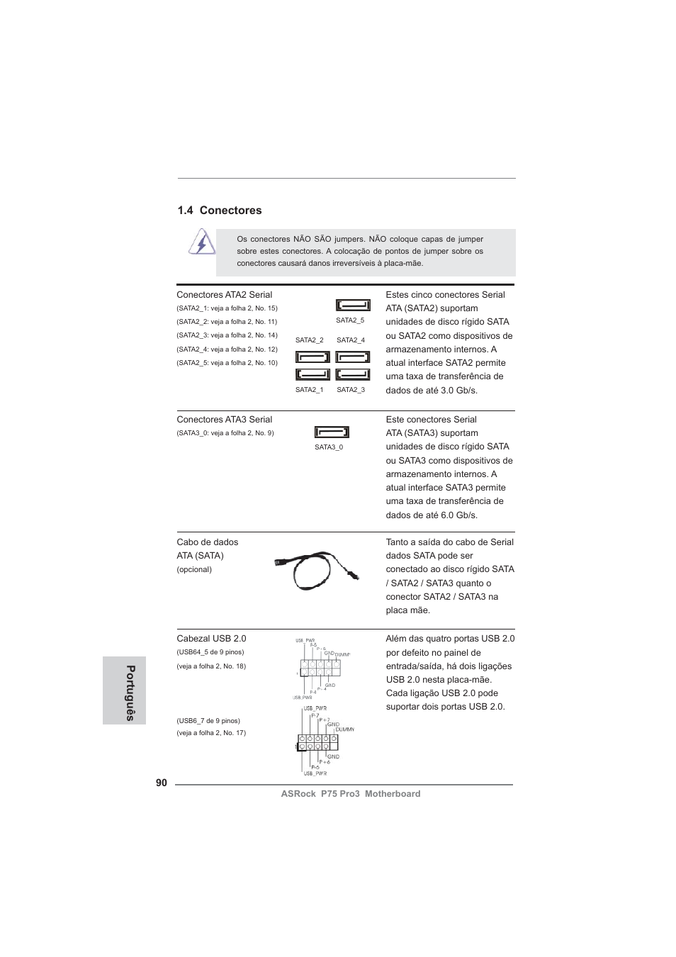 4 conectores, Português | ASRock P75 Pro3 User Manual | Page 90 / 151