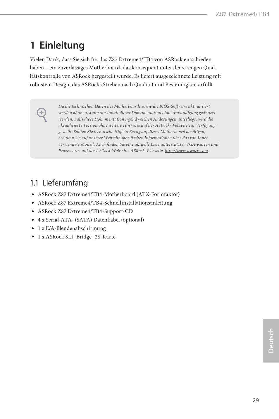 German, 1 einleitung, 1 lieferumfang | ASRock Z87 Extreme4__TB4 User Manual | Page 31 / 175