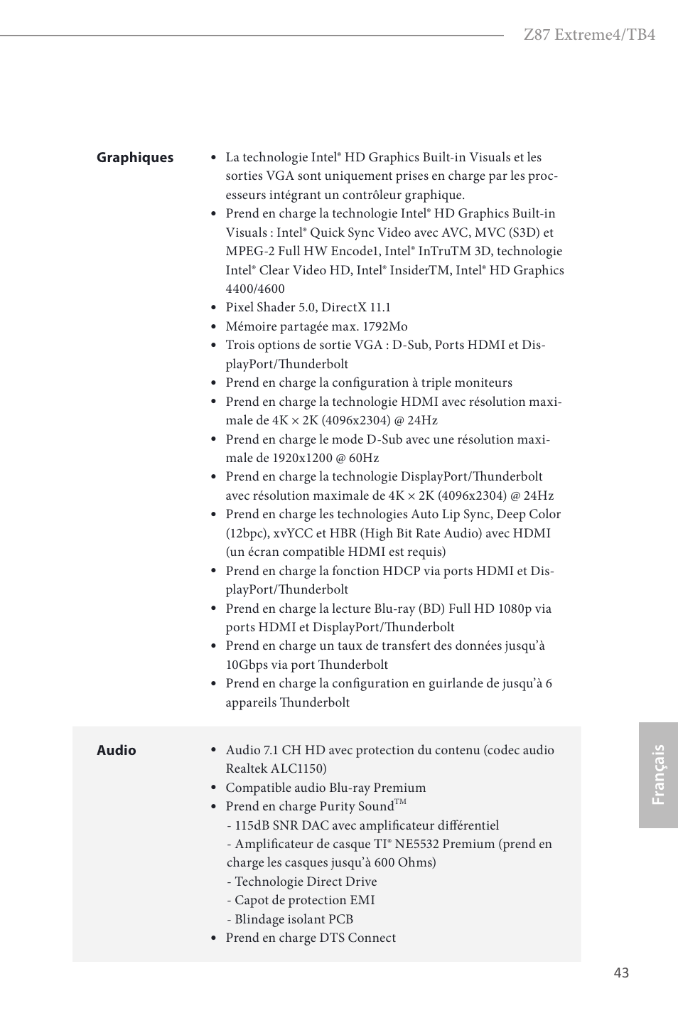 Z87 extreme4/tb4, Fr ançais | ASRock Z87 Extreme4__TB4 User Manual | Page 45 / 175