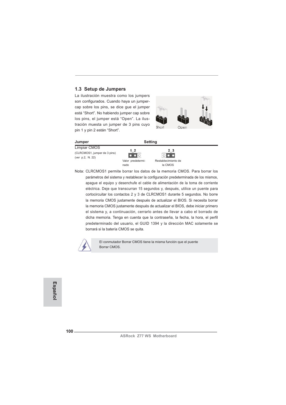 3 setup de jumpers, Español | ASRock Z77 WS User Manual | Page 100 / 208
