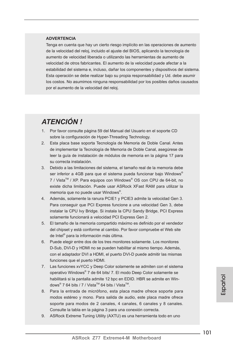 Atención, Español, Asrock z77 extreme4-m motherboard | ASRock Z77 Extreme4-M User Manual | Page 101 / 237
